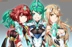 Rule 34 | 3girls, armor, bare shoulders, blonde hair, breasts, cleavage, cleavage cutout, closed mouth, clothing cutout, covered navel, dress, earrings, elbow gloves, fingerless gloves, gem, gloves, glowing, gradient background, green eyes, green hair, grin, hair ornament, headpiece, icesticker, jewelry, large breasts, long hair, looking at viewer, matching hair/eyes, multiple girls, multiple persona, mythra (xenoblade), nintendo, open mouth, pneuma (xenoblade), ponytail, pout, pyra (xenoblade), red eyes, red hair, short hair, shoulder armor, smile, spoilers, swept bangs, teeth, tiara, very long hair, white dress, xenoblade chronicles (series), xenoblade chronicles 2, yellow eyes