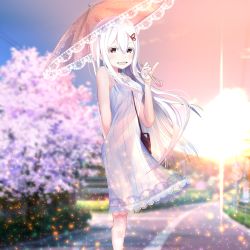 Rule 34 | 1girl, aged down, artist request, blurry, blurry background, blush, breasts, butterfly hair ornament, colored eyelashes, commentary, dress, echidna (re:zero), from side, hair between eyes, hair ornament, hairclip, highres, long hair, looking at viewer, medium breasts, outdoors, re:zero kara hajimeru isekai seikatsu, resolution mismatch, see-through, silver hair, smile, solo, source larger, sunlight, sunset, very long hair