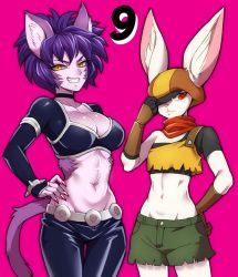 Rule 34 | 2girls, adjusting clothes, adjusting headwear, animal ears, animal nose, body fur, breasts, cat ears, cat girl, cat tail, choker, cleavage, dragon ball, dragon ball super, ears through headwear, furry, furry female, gloves, grin, hand on own hip, hat, hop, long sleeves, multiple girls, navel, one eye covered, pants, purple hair, rabbit ears, rabbit girl, red eyes, red hair, red scarf, scarf, short shorts, shorts, simple background, smile, sorrel (dragon ball), standing, tail, teba motoko, thigh gap, yellow eyes