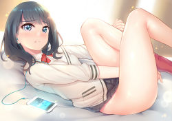 Rule 34 | 10s, 1girl, black hair, black skirt, blue eyes, blush, bow, bowtie, breasts, cellphone, closed mouth, covering crotch, covering privates, earphones, embarrassed, gridman universe, hamadamiku01, hip focus, knees up, legs, long hair, long sleeves, looking at viewer, lying, miniskirt, no panties, on back, phone, pleated skirt, red bow, red bowtie, red socks, skirt, small breasts, socks, solo, ssss.gridman, sweater, swept bangs, takarada rikka, thighs
