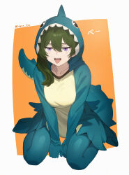 Rule 34 | 1girl, absurdres, alternate costume, animal costume, artist name, blush stickers, border, commentary request, edgar syu, full body, green hair, highres, kneeling, long hair, looking at viewer, open mouth, orange background, shark costume, sharp teeth, side ponytail, simple background, sousou no frieren, teeth, tongue, tongue out, twitter username, ubel (sousou no frieren), white border