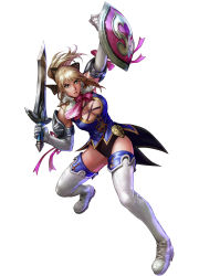 Rule 34 | 1girl, absurdres, blonde hair, boots, breasts, cassandra alexandra, cleavage, green eyes, highres, kawano takuji, large breasts, long hair, necktie, official art, pink necktie, ponytail, shield, solo, soul calibur, soulcalibur, soulcalibur iv, sword, thigh boots, thighhighs, weapon