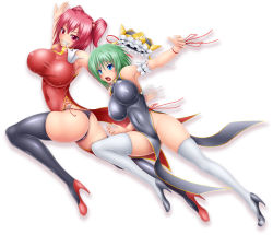 Rule 34 | 2girls, ass, bare shoulders, black thighhighs, blue eyes, breasts, china dress, chinese clothes, curvy, dress, female focus, green hair, grin, groin, hair bobbles, hair ornament, harumi (harumix), hat, high heels, hip focus, huge breasts, impossible clothes, impossible dress, impossible shirt, jumping, large breasts, legs, long legs, mouth hold, multiple girls, navel, no panties, onozuka komachi, open mouth, panties, pink eyes, pink hair, shiki eiki, shirt, shoes, skin tight, smile, taut clothes, taut shirt, thick thighs, thighhighs, thighs, touhou, underwear, white thighhighs, wide hips