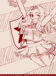 Rule 34 | 10s, ;d, abazu-red, arms up, cheerleader, emblem, girls und panzer, hair intakes, jumping, kay (girls und panzer), kneehighs, long hair, midriff, monochrome, one eye closed, open mouth, pom pom (cheerleading), saunders (emblem), smile, socks, solo