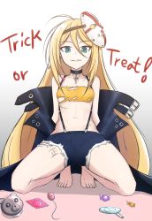Rule 34 | 1girl, absurdres, ahoge, bad id, bad pixiv id, bandeau, bare shoulders, barefoot, blonde hair, body writing, candy, choker, cindy looper, collarbone, condom, condom wrapper, counter:side, cross, food, full body, hair between eyes, halloween, highres, kjg003, lollipop, long hair, looking at viewer, mask, mask on head, navel, official alternate costume, solo, squatting, stitches, stuffed animal, stuffed toy, tally, teddy bear, torn clothes, trick or treat, very long hair, white background, yellow bandeau