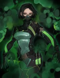 Rule 34 | 1girl, animification, black gloves, black hair, bodysuit, breasts, commentary, dermapod, english commentary, gloves, green bodysuit, green eyes, hair behind ear, highres, looking to the side, mask, medium breasts, mouth mask, open hands, solo, valorant, viper (valorant)