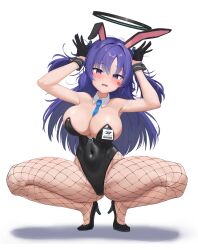 Rule 34 | 1girl, absurdres, animal ears, armpits, arms up, bare shoulders, black footwear, black leotard, blue archive, blush, breasts, cameltoe, cleavage, cleft of venus, commentary, covered navel, detached collar, fake animal ears, fishnet pantyhose, fishnets, full body, gloves, hair between eyes, high heels, highleg, highleg leotard, highres, large breasts, leotard, long hair, looking at viewer, necktie, open mouth, pantyhose, playboy bunny, purple eyes, purple hair, rabbit ears, rabbit pose, simple background, solo, spread legs, squatting, strapless, strapless leotard, thighs, very long hair, white background, whoning1, wrist cuffs, yuuka (blue archive)