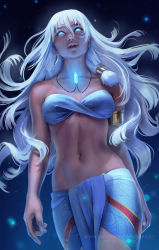 Rule 34 | 1girl, atlantean, atlantis: the lost empire, blue background, breasts, cowboy shot, earrings, floating hair, glowing, glowing eyes, gradient background, highres, jewelry, kidagakash, long hair, medium breasts, midriff, navel, necklace, parted lips, single earring, solo, strapless, tube top, very long hair, white hair, zarory