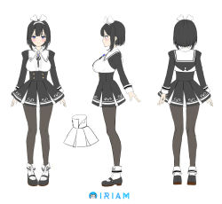 Rule 34 | 1girl, black hair, black pantyhose, blue eyes, blush, bow, breasts, buttons, commentary request, concept art, copyright name, detached sleeves, full body, hair bow, hairband, iriam, large breasts, logo, long sleeves, looking at viewer, mary janes, multiple views, nakamine lily, neck ribbon, pantyhose, pleated skirt, re:shimashima, ribbon, shoes, short hair, simple background, skirt, smile, standing, turnaround, virtual youtuber, white background