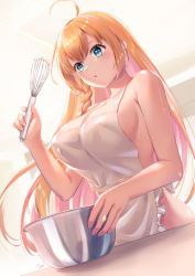 Rule 34 | 1girl, ahoge, apron, blue eyes, bowl, braid, breasts, cleavage, cream, cream on body, eyebrows hidden by hair, food, highres, holding, large breasts, long hair, looking at viewer, naked apron, orange hair, pecorine (princess connect!), princess connect!, sebu illust, solo, white apron
