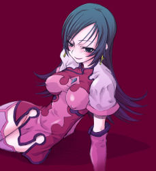 Rule 34 | 00s, 1girl, aqua eyes, aqua hair, blush, breasts, covered erect nipples, earrings, elbow gloves, gloves, gradient hair, impossible clothes, impossible shirt, jewelry, kotona elegance, long hair, maybe, medium breasts, multicolored hair, no panties, pink gloves, pink thighhighs, red background, shirt, simple background, smile, solo, thighhighs, zoids, zoids genesis
