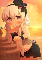 Rule 34 | 1girl, absurdres, bare shoulders, beret, bikini, black bikini, black bow, black hairband, black headwear, blush, bow, brown sky, character name, cloud, cloudy sky, collarbone, commentary request, fate/extra, fate (series), hair between eyes, hair bow, hairband, hat, highres, long hair, looking at viewer, mini hat, navel, nursery rhyme (fate), outdoors, parted lips, red eyes, sand castle, sand sculpture, sky, solo, strapless, strapless bikini, striped, striped bow, sunset, swimsuit, tilted headwear, twintails, very long hair, white hair, wrist cuffs, yuya090602