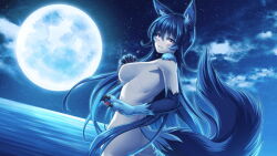 Rule 34 | 1girl, animal ears, animal hands, artist request, ass, blue hair, blue tail, blush, breasts, claws, crying, crying with eyes open, froze (monster musume), full moon, game cg, long hair, looking at viewer, medium breasts, monster girl, monster musume no iru nichijou, monster musume no iru nichijou online, moon, night, night sky, nude, official art, outdoors, pink eyes, sky, solo, tail, tears, very long hair, wolf ears, wolf girl, wolf tail