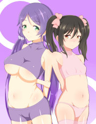 Rule 34 | 10s, 2girls, :t, areola slip, arms behind back, bad id, bad pixiv id, bare shoulders, bike shorts, breasts, brown hair, c:, cameltoe, collarbone, green eyes, hair ribbon, holding own arm, large breasts, long hair, looking at another, love live!, love live! school idol project, midriff, multiple girls, navel, orange eyes, panties, pink legwear, pink panties, purple background, purple hair, ribbon, shirt, short hair, short twintails, shorts, skindentation, small breasts, smile, taut clothes, taut shirt, thighhighs, tojo nozomi, twintails, underboob, underwear, underwear only, yazawa nico, zukky