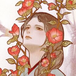 Rule 34 | 1girl, aqua shirt, art nouveau, bare tree, braid, branch, brown eyes, brown hair, check flower, closed mouth, expressionless, flower, hair over shoulder, hanbok, kkuwa, korean clothes, korean commentary, lips, long hair, looking up, original, parted bangs, portrait, red flower, rose of sharon, shirt, single braid, solo, tree
