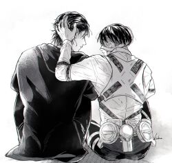 Rule 34 | 2boys, eren yeager, from behind, greyscale, hand on another&#039;s head, levi (shingeki no kyojin), looking at another, male focus, monochrome, multiple boys, scolding, shingeki no kyojin, short hair, side-by-side, sitting, sn kaky, three-dimensional maneuver gear