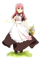 Rule 34 | 1girl, apron, arii erice, arm at side, basket, black dress, black footwear, blunt bangs, boots, braid, center frills, clenched hand, closed mouth, dress, eyelashes, flower, flower basket, frilled apron, frilled hairband, frills, full body, grass, hair ornament, hairband, hand in own hair, hand up, holding, holding basket, jpeg artifacts, long hair, looking away, looking up, maid, maid apron, maid headdress, outdoors, pink lips, puffy short sleeves, puffy sleeves, purple eyes, red hair, schatzkiste, shisetsu toshokan schatzkiste e youkoso! erice to yu kaina meido-tachi, short sleeves, side braid, smile, solo, tareme, tetora (schatzkiste), tetra (schatzkiste), twin braids, white apron, white background, white hairband