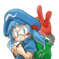 Rule 34 | 1girl, profile picture, backpack, bag, blue eyes, blue hair, blush stickers, chamaji, commentary, frilled shirt collar, frills, goggles, hair bobbles, hair ornament, hat, kappa, kawashiro nitori, looking at viewer, lowres, mechanical arms, medium hair, puffy short sleeves, puffy sleeves, short sleeves, short twintails, sidelocks, signature, single mechanical arm, smile, solo, touhou, twintails, two side up, upper body, v, white background