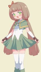 Rule 34 | 1girl, absurdres, blush, bow, brown hair, capelet, fingerless gloves, foot out of frame, gloves, green capelet, green eyes, green footwear, green skirt, hair bow, hair ornament, highres, holding, holding clothes, holding skirt, leaf, leaf hair ornament, long hair, looking at viewer, low twintails, maple leaf, maplestory, open mouth, pleated skirt, red bow, rune (dualhart), shirt, skirt, skirt hold, sleeveless, sleeveless shirt, solo, standing, sugar (maplestory), thighhighs, twintails, white shirt, white thighhighs