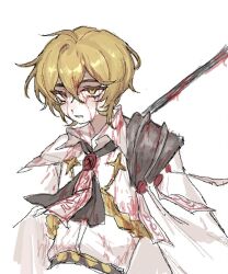 Rule 34 | 1boy, ascot, blonde hair, blood, blood on clothes, blood on face, cape, limbus company, long sleeves, nishiirei9522, parted lips, project moon, shirt, simple background, sinclair (project moon), solo, talisman, wax seal, white ascot, white background, white cape, white shirt, yellow eyes