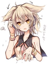 Rule 34 | 1girl, arrow (symbol), bare shoulders, bow, bracelet, colorized, dress, earmuffs, jewelry, light brown hair, looking up, open mouth, orange eyes, short hair, simple background, sketch, sleeveless, solo, text focus, tori (10ri), touhou, toyosatomimi no miko, translation request, upper body, wet, wet hair, white background