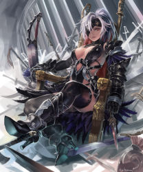 Rule 34 | 1girl, armor, black thighhighs, boots, breasts, cleavage, cuboon, eyepatch, gauntlets, helmet, high heels, original, pink hair, red eyes, sitting, solo, sword, thigh boots, thighhighs, throne, weapon