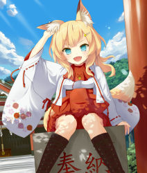 Rule 34 | 1girl, :d, animal ears, bad id, bad pixiv id, bell, blonde hair, blue eyes, blue sky, boots, box, cloud, cross-laced footwear, day, donation box, fangs, fox ears, fox tail, hair ornament, hairclip, hand on own ear, japanese clothes, knee boots, lace-up boots, long hair, long sleeves, miko, nanahan, open mouth, original, shrine, sitting, sky, smile, solo, tail, tree, wide sleeves