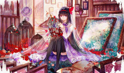 Rule 34 | 1girl, akemi homura, bad id, bad pixiv id, bai qi-qsr, black hair, black thighhighs, bow, bowtie, cage, convenient leg, dress, full body, gown, hairband, indoors, long hair, looking at viewer, mahou shoujo madoka magica, mahou shoujo madoka magica (anime), purple bow, purple bowtie, purple dress, purple eyes, red hairband, sitting, solo, stuffed animal, stuffed rabbit, stuffed toy, thighhighs