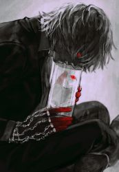 Rule 34 | 1boy, bad id, bad twitter id, blood, blood on hands, chain, collared shirt, commentary, container, crossed legs, eyeball, formal, from side, grey background, holding, hunter x hunter, jacket, jewelry, kurapika, long sleeves, looking at object, looking down, male focus, monochrome, pants, parted lips, ring, shirt, short hair, sitting, solo, spot color, suit, umi (k mpk)