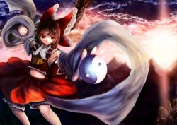 Rule 34 | 1girl, ascot, bad id, bad pixiv id, bow, cloud, detached sleeves, female focus, hakurei reimu, hat, helrouis, japanese clothes, miko, mountain, orb, outdoors, sky, solo, sunset, touhou
