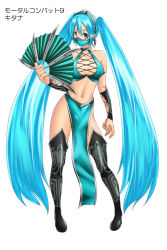 Rule 34 | 1girl, aqua eyes, aqua hair, boots, breasts, cleavage, contrapposto, cosplay, earrings, folding fan, full body, half mask, hand fan, hatsune miku, jewelry, judge martin, kitana, kitana (cosplay), large breasts, loincloth, long hair, mask, mortal kombat (series), mouth mask, navel, simple background, solo, standing, thigh boots, thighhighs, twintails, vambraces, very long hair, vocaloid, weapon, white background