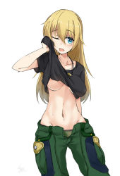 Rule 34 | 1girl, alice gear aegis, arm behind back, artist name, black shirt, blonde hair, blue eyes, breasts, cargo pants, clothes lift, commentary, cowboy shot, dog tags, green panties, green pants, groin, highres, kurokage, lifted by self, long hair, looking at viewer, medium breasts, navel, one eye closed, open fly, open mouth, panties, pants, shirt, shirt lift, signature, simple background, solo, standing, sweat, t-shirt, underboob, underwear, virginia glynnberets, white background, wiping sweat