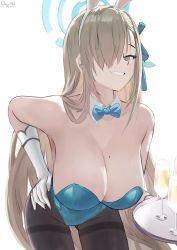 Rule 34 | 1girl, absurdres, animal ears, aqua leotard, asuna (blue archive), asuna (bunny) (blue archive), bent over, blue archive, blue bow, blue bowtie, blue eyes, blue leotard, bow, bowtie, breasts, chiyu1182, cup, drinking glass, elbow gloves, fake animal ears, gloves, gluteal fold, grin, hair over one eye, hair ribbon, halo, highleg, highleg leotard, highres, holding, holding tray, huge breasts, leotard, light brown hair, long hair, looking at viewer, mole, mole on breast, official alternate costume, playboy bunny, rabbit ears, ribbon, smile, solo, strapless, strapless leotard, swept bangs, teeth, tray, very long hair, white gloves