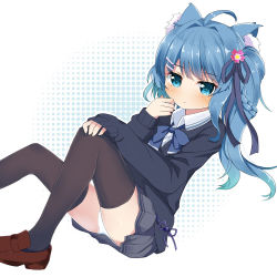 Rule 34 | 1girl, ahoge, animal ears, asashio (azur lane), asashio (the transfer student underneath the dancing petals) (azur lane), azur lane, blue eyes, blue hair, braid, cat ears, commentary, hair ornament, hair ribbon, hairclip, loafers, long hair, long sleeves, looking at viewer, panties, pantyshot, pleated skirt, ribbon, school uniform, shoes, side ponytail, sitting, skirt, sleeves past wrists, solo, thighhighs, thighs, underwear, white panties, yuimari