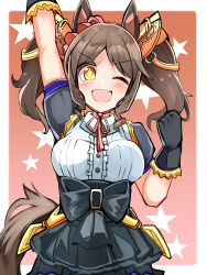 Rule 34 | + +, 1girl, animal ears, arm up, black gloves, black skirt, blonde hair, blush, breasts, brown hair, buttons, center frills, fang, frills, gloves, high-waist skirt, highres, horse ears, horse girl, horse tail, large breasts, long hair, looking at viewer, marvelous sunday (umamusume), one eye closed, open mouth, shi (kamokamo910), shirt, short sleeves, skin fang, skirt, solo, tail, twintails, umamusume, upper body, white shirt
