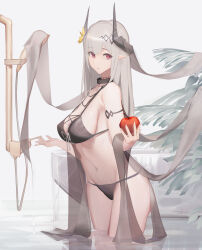 Rule 34 | 1girl, absurdres, apple, arknights, bathing, bikini, black bikini, black collar, black horns, breasts, collar, commentary, cowboy shot, food, fruit, grey background, grey hair, highres, holding, holding food, holding fruit, horns, long hair, looking at viewer, medium breasts, mudrock (arknights), navel, palm leaf, parted lips, partially submerged, pointy ears, red eyes, shower head, sideboob, sin9, single bare shoulder, solo, standing, swimsuit, symbol-only commentary, thighs, water