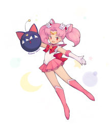 Rule 34 | 1girl, bad id, bad pixiv id, bishoujo senshi sailor moon, boots, bow, brooch, chibi usa, choker, cone hair bun, double bun, earrings, elbow gloves, full body, gloves, hair bun, hair ornament, hairpin, heart, heart brooch, jewelry, knee boots, luna-p, magical girl, outstretched arms, pink footwear, pink hair, pink skirt, pleated skirt, red eyes, ribbon, sailor chibi moon, sailor collar, short hair, signature, skirt, smile, solo, spread arms, tiara, twintails, white background, white gloves, yui35