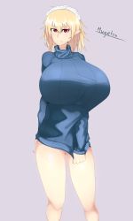Rule 34 | 1girl, blonde hair, bottomless, breasts, cowboy shot, grey background, highres, huge breasts, looking at viewer, maid headdress, mugetsu (touhou), myuunium, pointy ears, red eyes, short hair, solo, standing, sweater, touhou, touhou (pc-98)