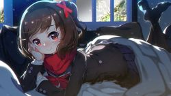 Rule 34 | 1girl, artist request, bed, bed sheet, black coat, black legwear, blue shirt, blush, brown hair, closed mouth, coat, cushion, game cg, hair ornament, head rest, heart, heart-shaped pupils, indoors, long sleeves, looking at viewer, lying, neckerchief, no shoes, on bed, on stomach, pink eyes, pleated skirt, ponytail, red scarf, santa (santaneun gyobogeul ibeul su bakke eopseo), santaneun gyobogeul ibeul su bakke eopseo, scarf, school uniform, serafuku, shirt, skirt, smile, snow, solo, symbol-shaped pupils, window, x hair ornament