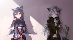 Rule 34 | 2girls, animal ear fluff, animal ears, arknights, belt, black capelet, black gloves, black hair, black jacket, black nails, blush, brown eyes, capelet, chinese commentary, commentary request, earrings, fingerless gloves, food, gloves, grey eyes, grey gloves, hair between eyes, hair ornament, hairclip, hand up, high collar, highres, holding, holding food, id card, index fingers raised, jacket, jewelry, lappland (arknights), long hair, long sleeves, looking at viewer, looking to the side, messy hair, multiple girls, nail polish, name tag, navel, parted lips, planted, planted sword, planted weapon, pocky, pouch, red belt, scar, scar across eye, scar on face, shadow, shokuyou koori, silver hair, smile, sword, texas (arknights), upper body, very long hair, weapon, white jacket, wolf ears