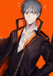 Rule 34 | 1boy, bags under eyes, black eyes, black jacket, black vest, closed mouth, collared shirt, fate/grand order, fate (series), grey hair, high collar, highres, jacket, long sleeves, male focus, orange background, saitou hajime (fate), shirt, short hair, signature, smile, solo, teiratogau, unbuttoned, unbuttoned shirt, upper body, vest, white shirt