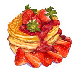 Rule 34 | food, food focus, fruit, highres, jam, miri illust, no humans, original, pancake, pancake stack, simple background, strawberry, white background