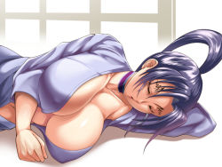 Rule 34 | 1girl, breasts, choker, cleavage, closed eyes, collarbone, commentary request, covered erect nipples, fishneak, high ponytail, huge breasts, kousaka shigure, lying, on side, open clothes, open mouth, open robe, purple choker, purple robe, robe, shijou saikyou no deshi ken&#039;ichi, sleeping, window