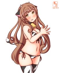 Rule 34 | 1girl, alternate costume, animal ears, animal print, artist logo, bell, bikini, blunt bangs, brown hair, commentary request, cow ears, cow horns, cow print, cow tail, cowbell, cowboy shot, dated, fake animal ears, fake horns, front-tie top, green eyes, helena (kancolle), horns, kanon (kurogane knights), kantai collection, long hair, looking at viewer, one-hour drawing challenge, own hands together, side-tie bikini bottom, simple background, solo, standing, swimsuit, tail, thighhighs, white background, white bikini, white thighhighs