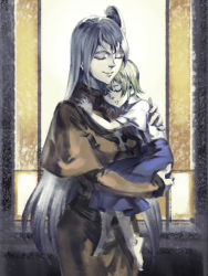 Rule 34 | 2girls, aged down, alice margatroid, alice margatroid (pc-98), blonde hair, capelet, carrying, child, child carry, closed eyes, female focus, holding, hug, long hair, momijigari, mother and daughter, multiple girls, shinki (touhou), short hair, side ponytail, silver hair, skirt, smile, touhou, touhou (pc-98), window