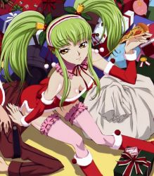 Rule 34 | 00s, 1girl, breasts, c.c., christmas, code geass, elbow gloves, food, gloves, holly, kadekaru chikashi, mistletoe, pizza, pizza slice, santa costume, solo, thighhighs, twintails