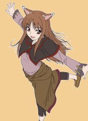 Rule 34 | 00s, 1girl, animal ears, brown hair, flat color, holo, long hair, misnon the great, no socks, red eyes, solo, spice and wolf, wolf ears, unfinished