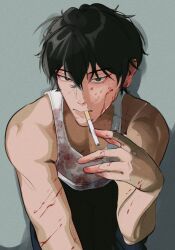 Rule 34 | 1boy, black eyes, blood, blood on arm, blood on clothes, blood on face, blood on hands, cigar, cigarette, closed mouth, given, hair between eyes, highres, looking at viewer, male focus, pants, pevellynee, solo, tank top, white tank top, yagi shizusumi (given)