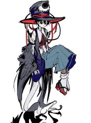 Rule 34 | 1other, adapted costume, androgynous, bare shoulders, black eyes, black garter, black hair, black hat, black sleeves, black vest, collared shirt, commentary, detached sleeves, enraku tsubakura, expressionless, eye of senri, feather sleeves, fingernails, full body, geta, green hakama, grey pantyhose, hakama, hat, hat ribbon, japanese clothes, len&#039;en, long sleeves, looking at viewer, neck ribbon, other focus, pantyhose, red footwear, red hat, red ribbon, ribbon, shirt, short hair, simple background, sitting, sleeve garter, sleeveless, sleeveless shirt, sleeves past wrists, socks, solo, top hat, two-sided fabric, two-sided headwear, vest, waiwa way, white background, white shirt, white socks, wide brim, wide sleeves