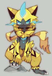 Rule 34 | 1boy, :3, animal ears, animal feet, animal hands, animal nose, artist name, black fur, blue eyes, blush, body fur, cat boy, cat ears, cat tail, claws, creatures (company), full body, fur collar, game freak, gen 7 pokemon, grey background, happy, legendary pokemon, light blush, looking at viewer, male focus, mythical pokemon, nintendo, open mouth, pokemon, pokemon (creature), rock, shira (sirairo116), signature, simple background, smile, solo, standing, straight-on, tail, twitter username, two-tone fur, v-shaped eyebrows, whiskers, yellow fur, zeraora